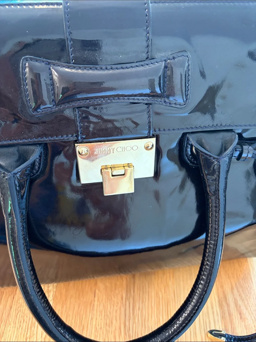 Jimmy Choo Patent Leather Satchel Handbag in Deep Navy